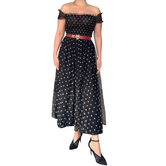 Elise - Elegant Black Polka Dot Off-Shoulder Dress - Small - Picture 1 of 14